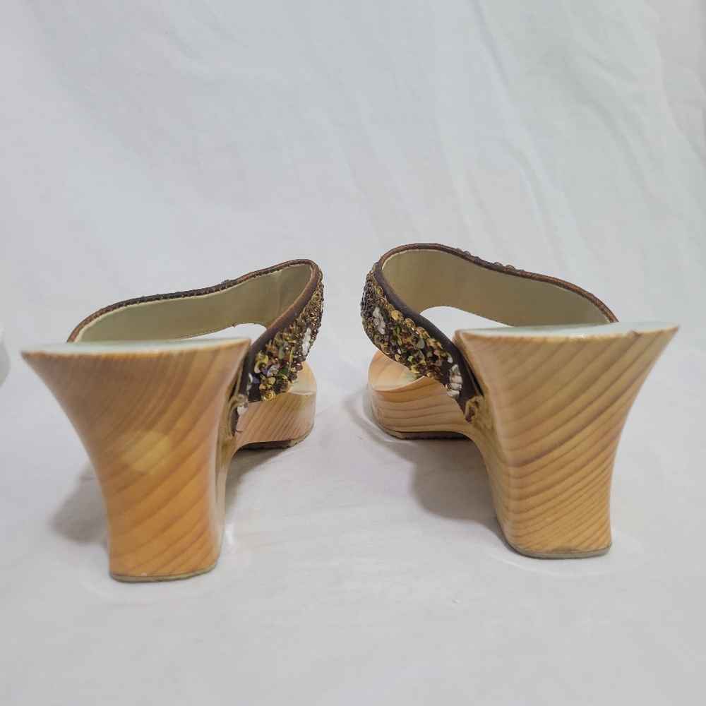 Vintage Y2K Bamboo Wooden Wedge Sandals Boho Sequin Painted Size 7 - Picture 9 of 13
